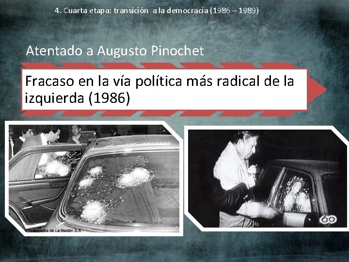 4. Cuarta etapa: transición a la democracia (1986 – 1989) Atentado a Augusto Pinochet
