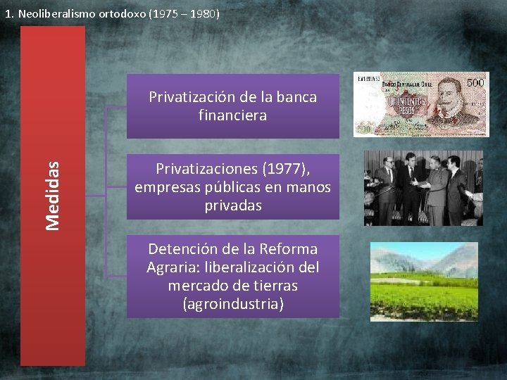 1. Neoliberalismo ortodoxo (1975 – 1980) Medidas Privatización de la banca financiera Privatizaciones (1977),