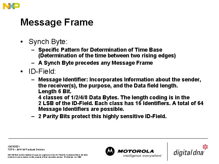 Message Frame • Synch Byte: – Specific Pattern for Determination of Time Base (Determination