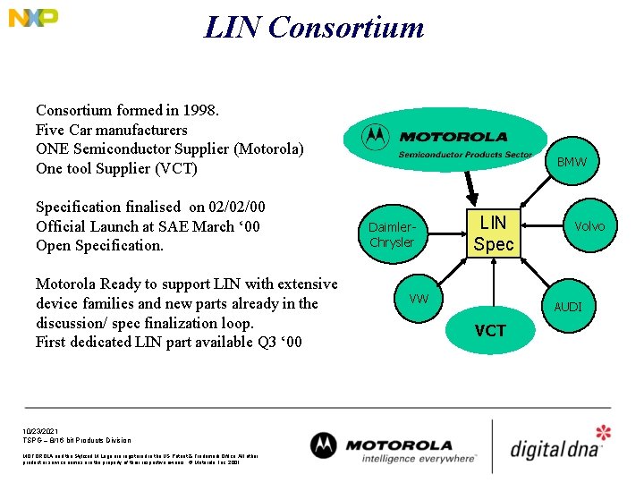 LIN Consortium formed in 1998. Five Car manufacturers ONE Semiconductor Supplier (Motorola) One tool