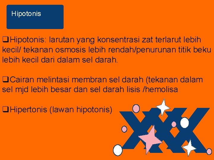 Hipotonis q. Hipotonis: larutan yang konsentrasi zat terlarut lebih kecil/ tekanan osmosis lebih rendah/penurunan