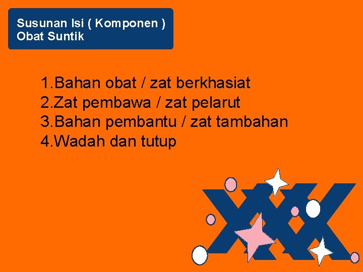 Susunan Isi ( Komponen ) Obat Suntik 1. Bahan obat / zat berkhasiat 2.