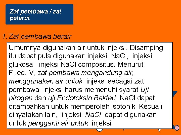 Zat pembawa / zat pelarut 1. Zat pembawa berair Umumnya digunakan air untuk injeksi.