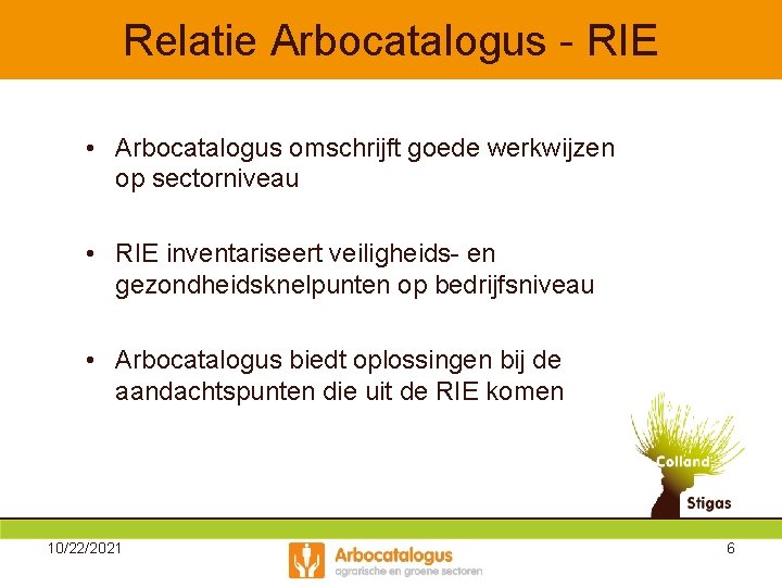 Relatie Arbocatalogus - RIE • Arbocatalogus omschrijft goede werkwijzen op sectorniveau • RIE inventariseert