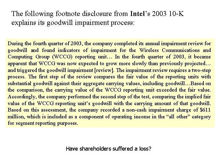 The following footnote disclosure from Intel’s 2003 10 -K explains its goodwill impairment process: