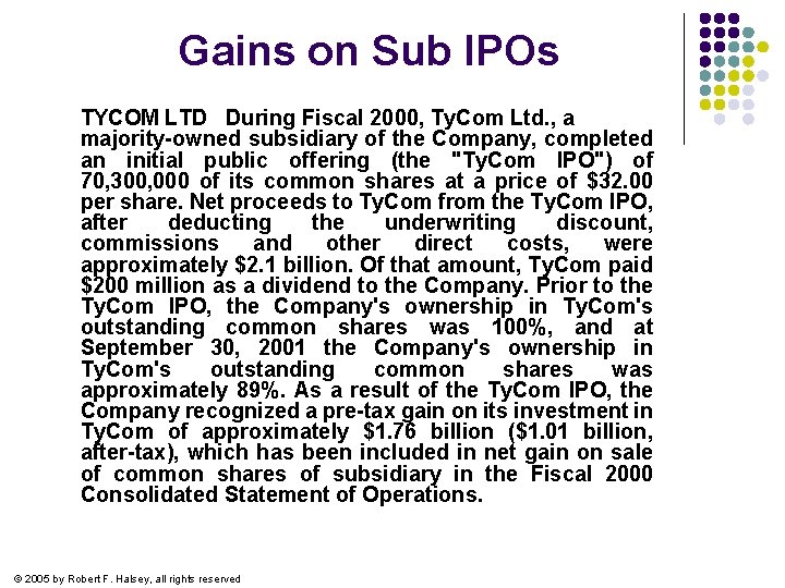 Gains on Sub IPOs TYCOM LTD During Fiscal 2000, Ty. Com Ltd. , a