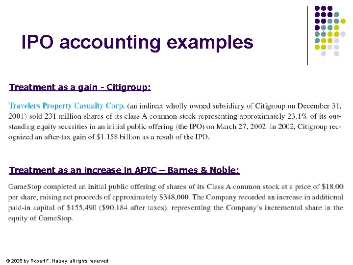 IPO accounting examples Treatment as a gain - Citigroup: Treatment as an increase in