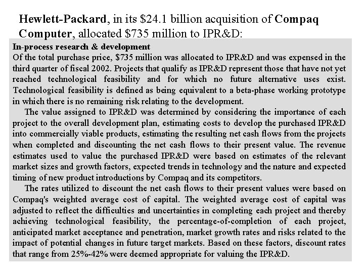 Hewlett-Packard, in its $24. 1 billion acquisition of Compaq Computer, allocated $735 million to