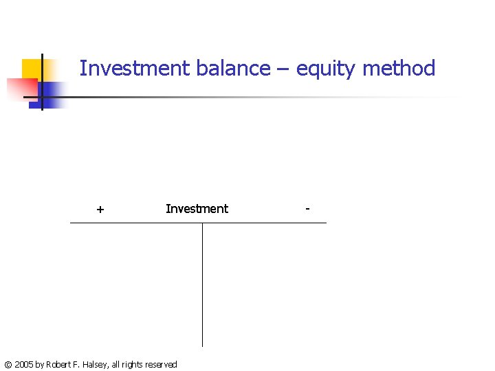 Investment balance – equity method + Investment © 2005 by Robert F. Halsey, all