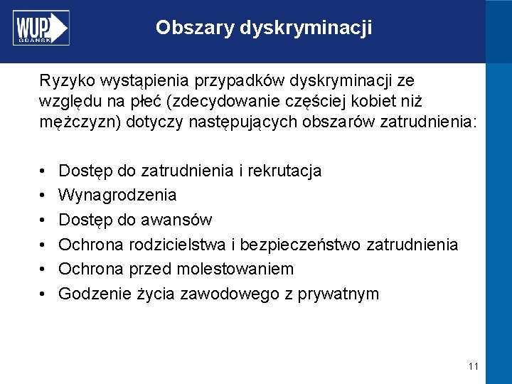 Obszary dyskryminacji Ryzyko wystąpienia przypadków dyskryminacji ze względu na płeć (zdecydowanie częściej kobiet niż