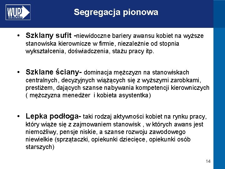 Segregacja pionowa • Szklany sufit -niewidoczne bariery awansu kobiet na wyższe stanowiska kierownicze w