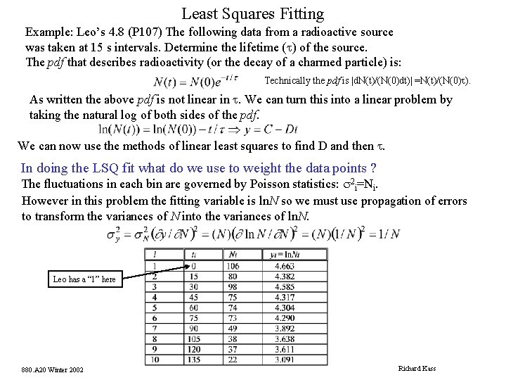 Least Squares Fitting Example: Leo’s 4. 8 (P 107) The following data from a