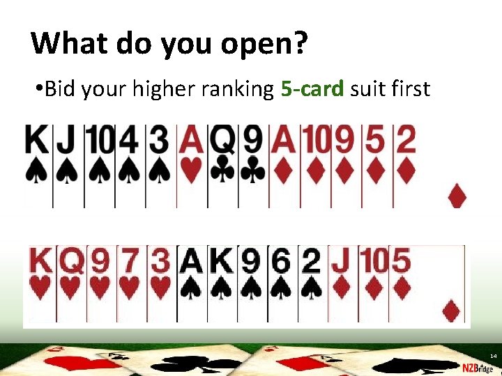 What do you open? • Bid your higher ranking 5 -card suit first 14