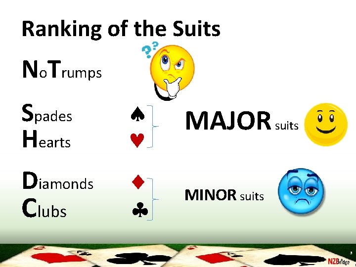 Ranking of the Suits No. Trumps Spades Hearts MAJOR suits Diamonds MINOR suits Clubs