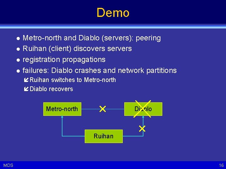 Demo l l Metro-north and Diablo (servers): peering Ruihan (client) discovers servers registration propagations