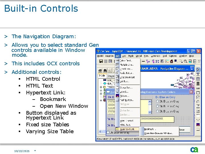 Built-in Controls > The Navigation Diagram: > Allows you to select standard Gen controls