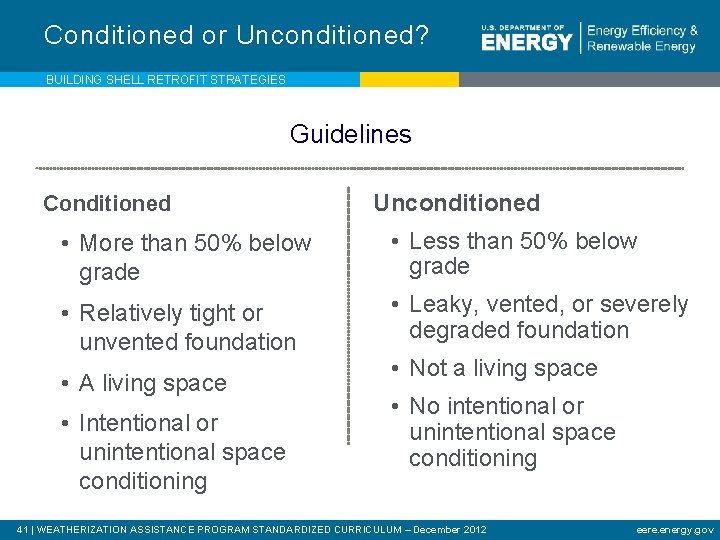 Conditioned or Unconditioned? BUILDING SHELL RETROFIT STRATEGIES Guidelines Conditioned Unconditioned • More than 50%