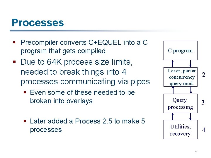 Processes § Precompiler converts C+EQUEL into a C program that gets compiled C program