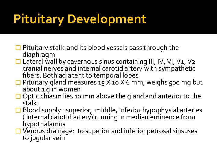 Pituitary Development � Pituitary stalk and its blood vessels pass through the diaphragm �