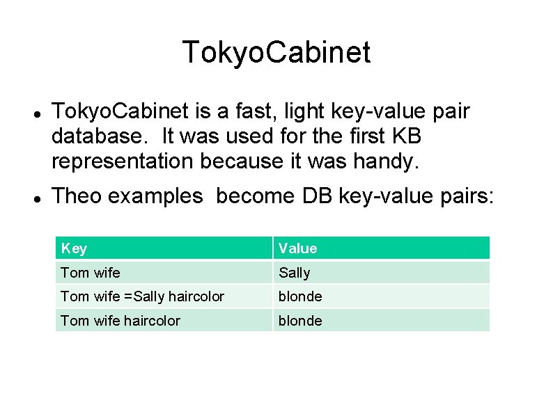 Tokyo. Cabinet is a fast, light key-value pair database. It was used for the