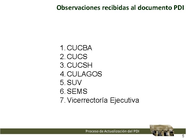 Observaciones recibidas al documento PDI 1. CUCBA 2. CUCS 3. CUCSH 4. CULAGOS 5.