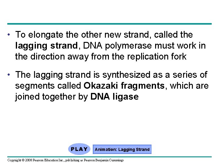  • To elongate the other new strand, called the lagging strand, DNA polymerase