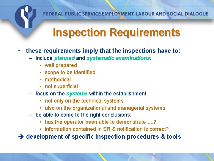 Inspection Requirements • these requirements imply that the inspections have to: – include planned