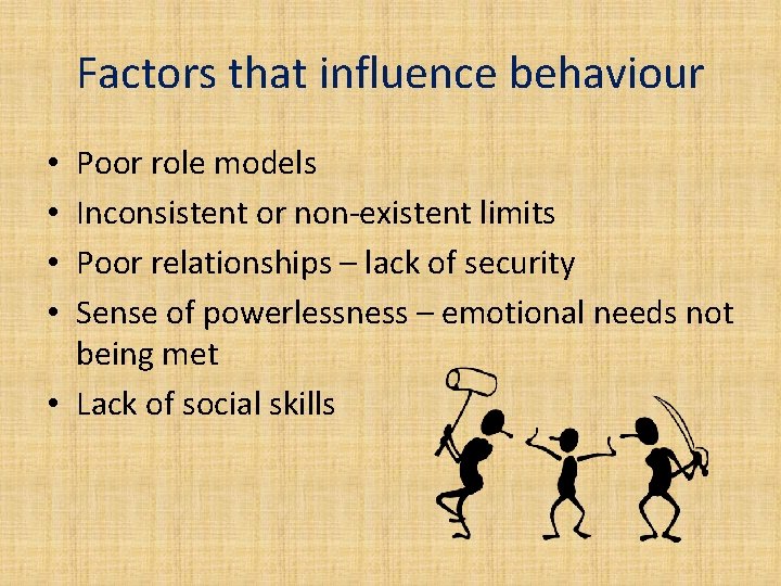Factors that influence behaviour Poor role models Inconsistent or non-existent limits Poor relationships –