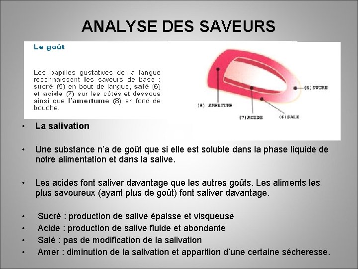 ANALYSE DES SAVEURS • La salivation • Une substance n’a de goût que si