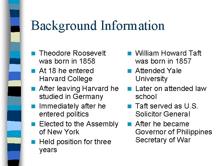 Background Information n n n Theodore Roosevelt was born in 1858 At 18 he Background Information n n n Theodore Roosevelt was born in 1858 At 18 he