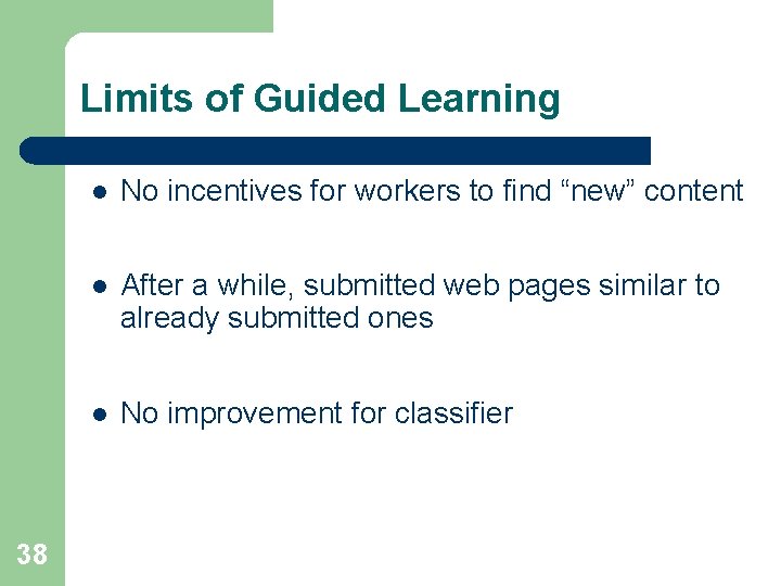 Limits of Guided Learning 38 l No incentives for workers to find “new” content