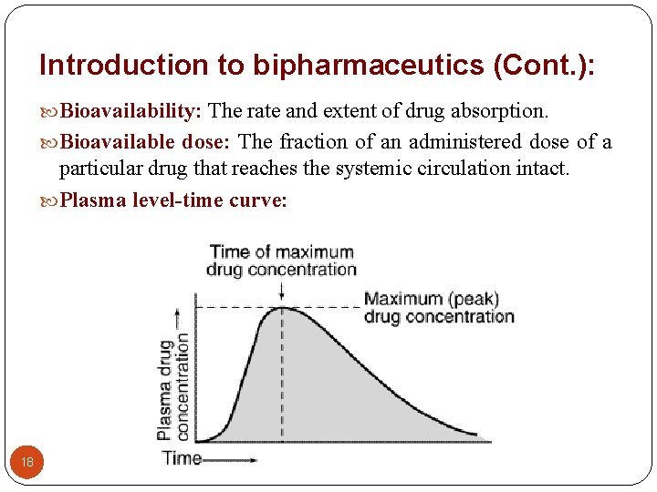 Introduction to bipharmaceutics (Cont. ): Bioavailability: The rate and extent of drug absorption. Bioavailable