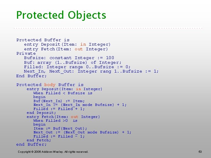 Protected Objects Protected Buffer is entry Deposit(Item: in Integer) entry Fetch(Item: out Integer) Private