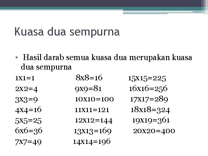 Kuasa dua sempurna • Hasil darab semua kuasa dua merupakan kuasa dua sempurna 1