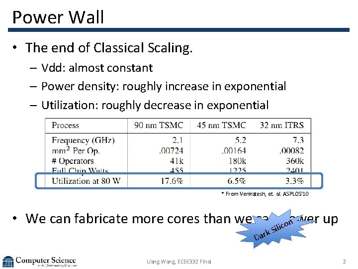 Power Wall • The end of Classical Scaling. – Vdd: almost constant – Power