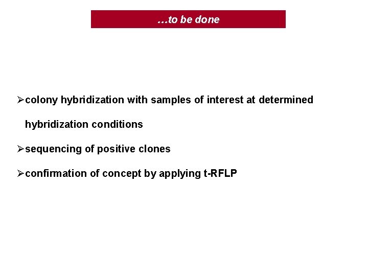 …to be done Øcolony hybridization with samples of interest at determined hybridization conditions Øsequencing