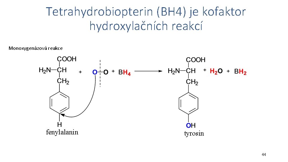 Tetrahydrobiopterin (BH 4) je kofaktor hydroxylačních reakcí Monoxygenázová reakce fenylalanin tyrosin 44 