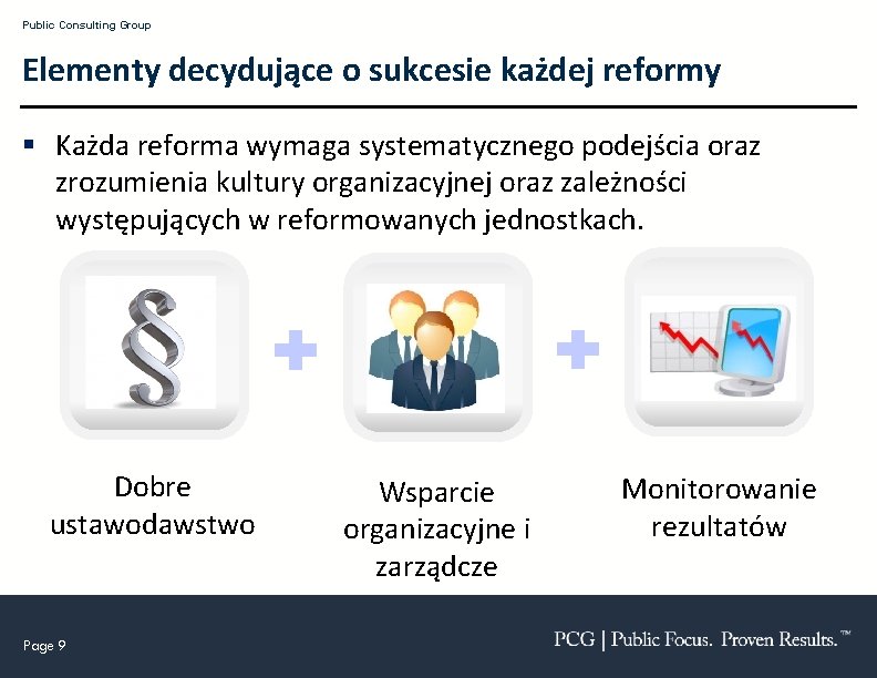 Public Consulting Group Elementy decydujące o sukcesie każdej reformy § Każda reforma wymaga systematycznego