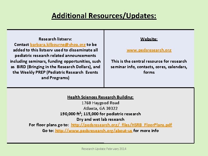 Additional Resources/Updates: Research listserv: Contact barbara. kilbourne@choa. org to be added to this listserv