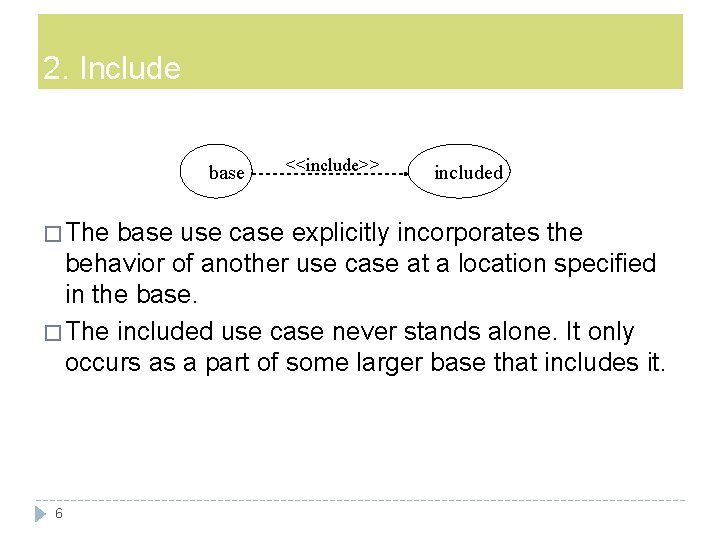 2. Include base � The <<include>> included base use case explicitly incorporates the behavior
