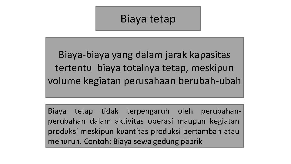 Biaya tetap Biaya-biaya yang dalam jarak kapasitas tertentu biaya totalnya tetap, meskipun volume kegiatan