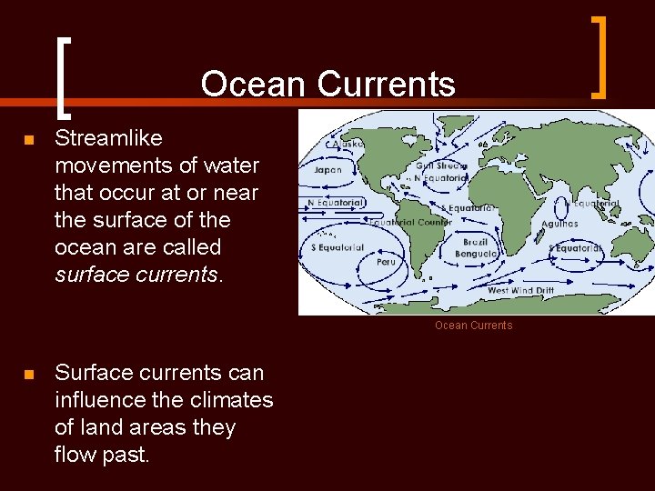 Ocean Currents n Streamlike movements of water that occur at or near the surface