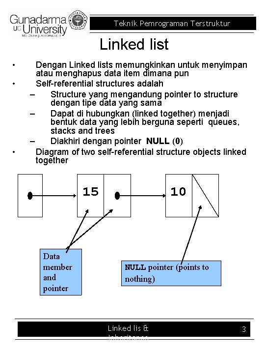 Teknik Pemrograman Terstruktur Linked list • • • Dengan Linked lists memungkinkan untuk menyimpan