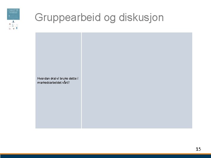 Gruppearbeid og diskusjon Hvordan skal vi bruke dette i markedsarbeidet vårt? 15 