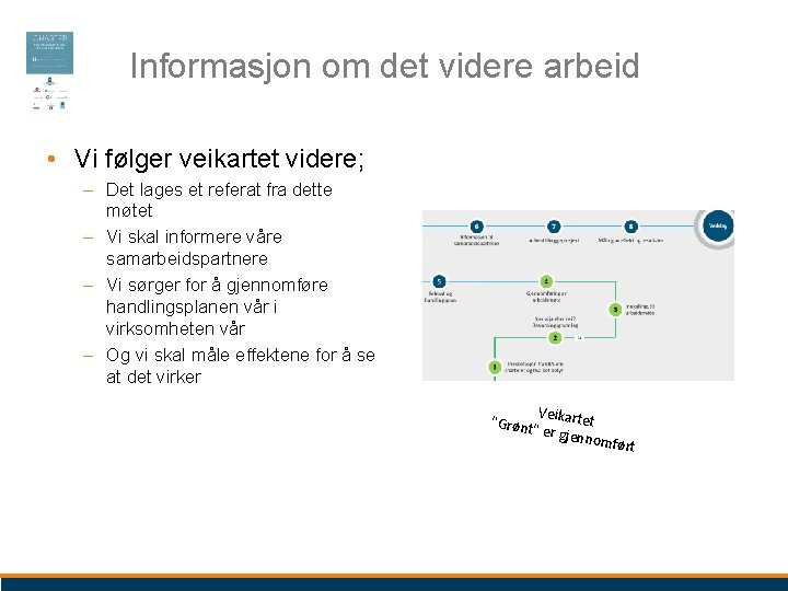 Informasjon om det videre arbeid • Vi følger veikartet videre; – Det lages et