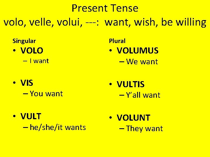 Present Tense volo, velle, volui, ---: want, wish, be willing Singular • VOLO –