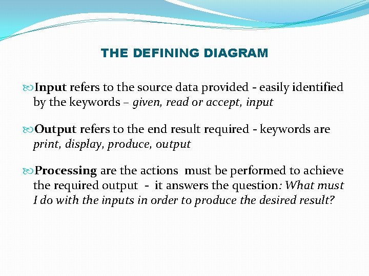 THE DEFINING DIAGRAM Input refers to the source data provided - easily identified by
