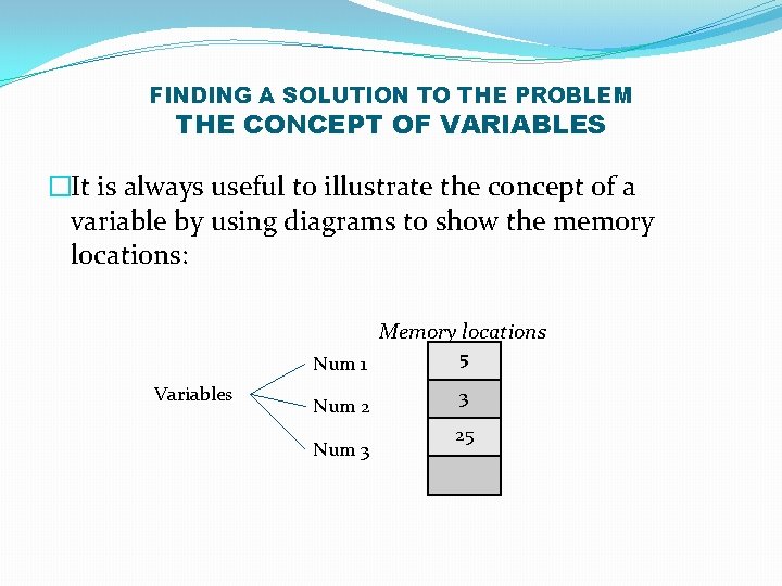 FINDING A SOLUTION TO THE PROBLEM THE CONCEPT OF VARIABLES �It is always useful