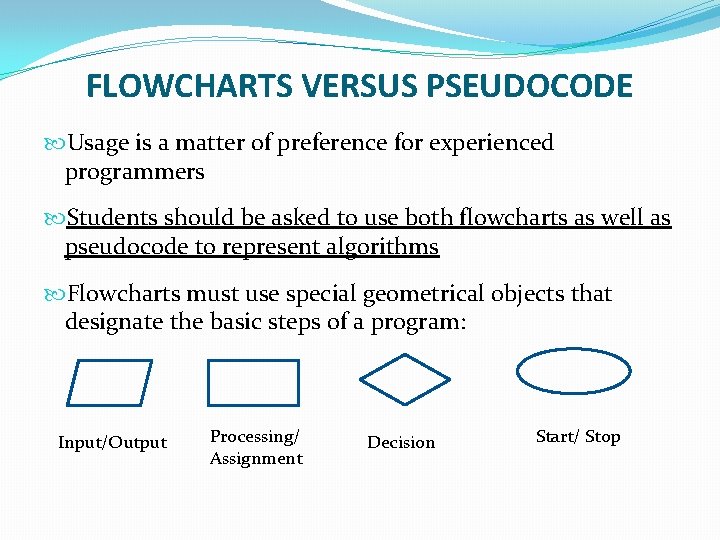 FLOWCHARTS VERSUS PSEUDOCODE Usage is a matter of preference for experienced programmers Students should