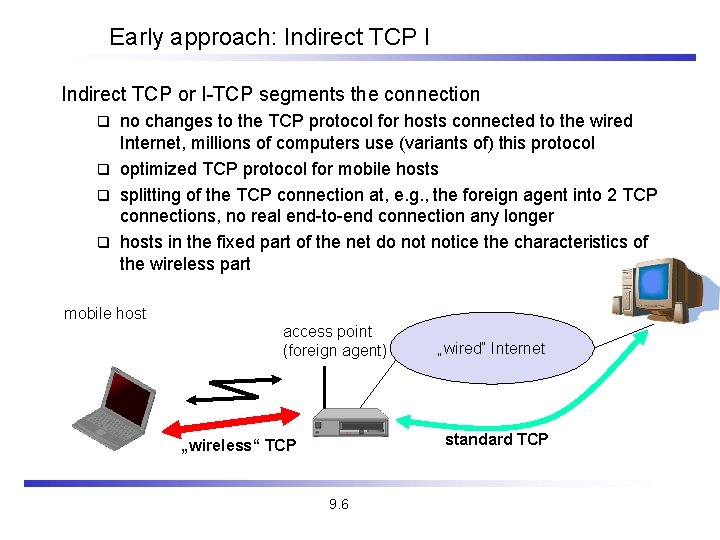 Early approach: Indirect TCP I Indirect TCP or I-TCP segments the connection no changes Early approach: Indirect TCP I Indirect TCP or I-TCP segments the connection no changes